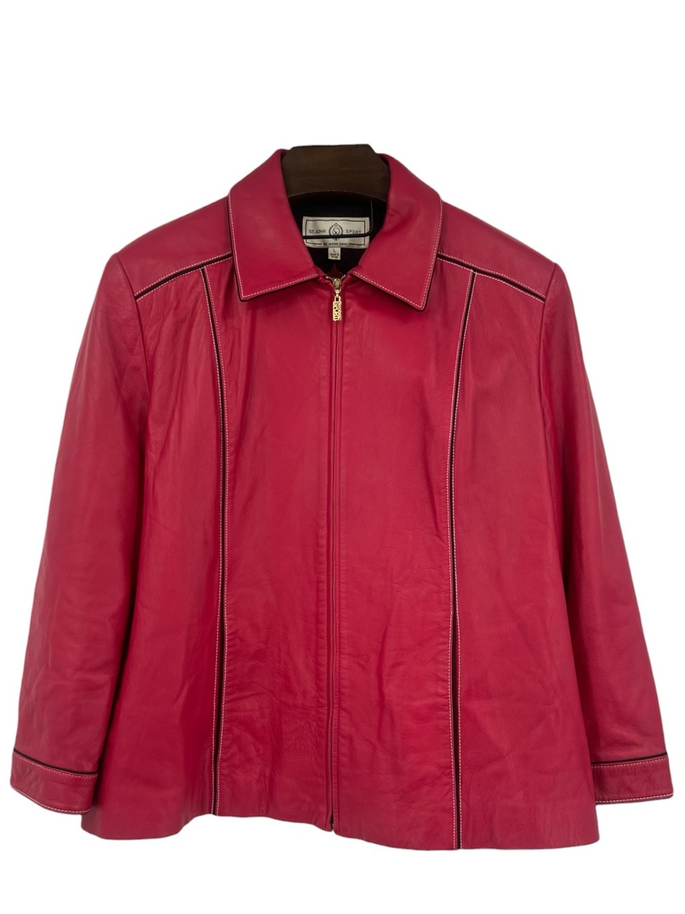 St John Sport Marie Gray Red Leather Jacket Full Zip Pockets Size Large